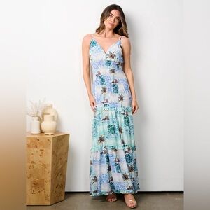 044 Chicways Women’s Sleeveless V-Neck Smock Tiered Tropical Floral Maxi Dress